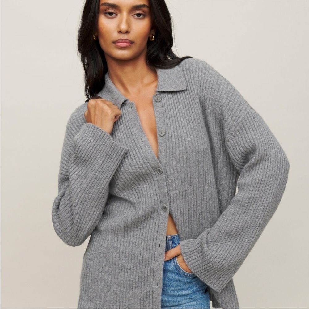 Reformation Gray Ribbed Cardigan